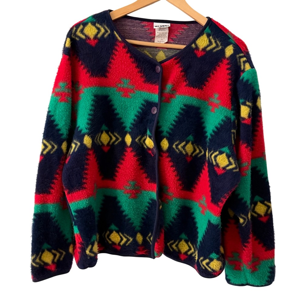 Biacci Fleece Cardigan Womens 1X Multicolor Southwestern Geometric Jacket Vtg